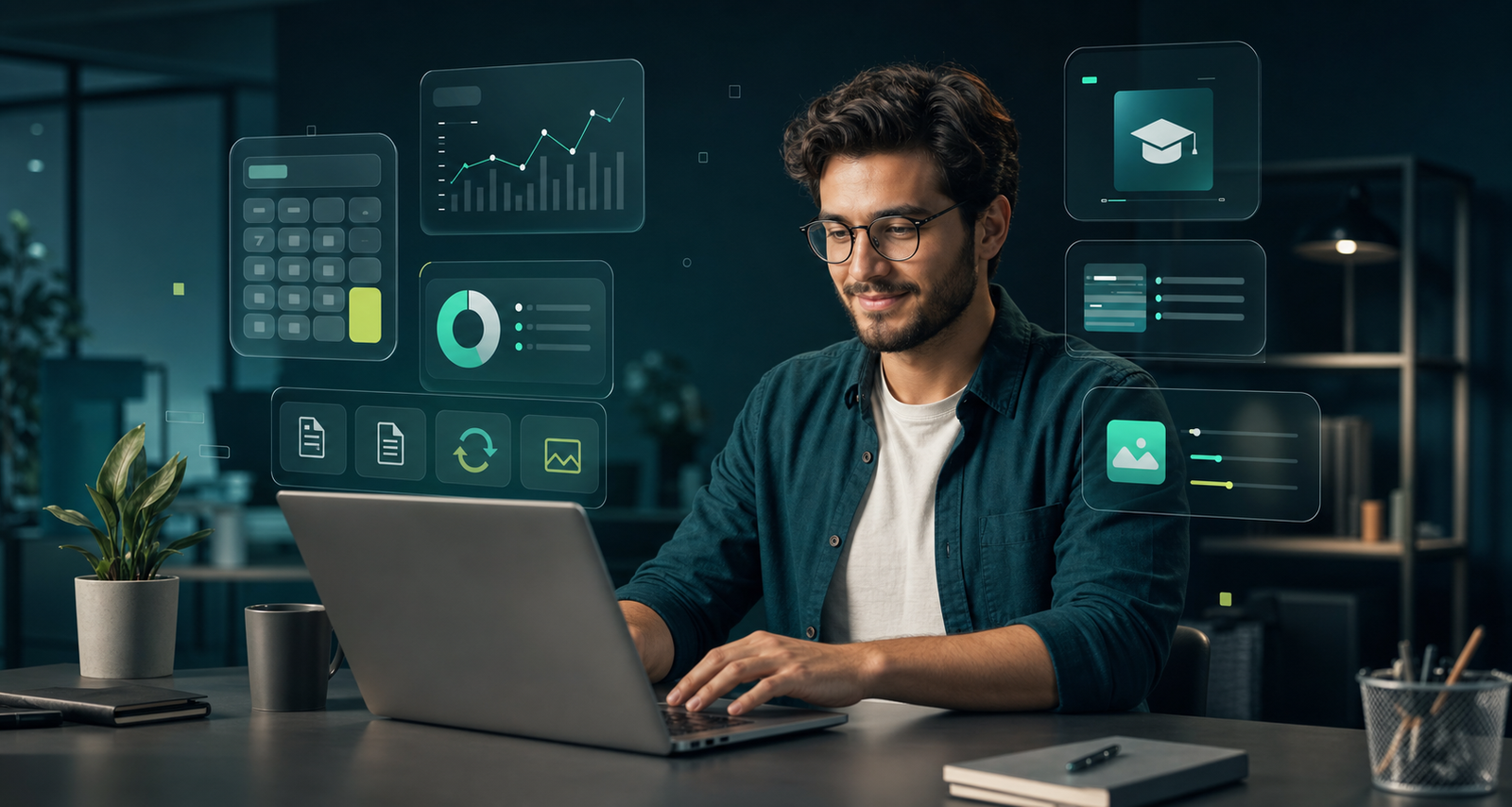 Professional using online calculators and productivity tools